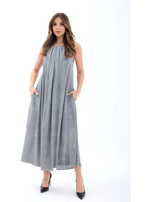 Hiccup Kadın Janes Cepli Halter Yaka Midi Elbise Gri