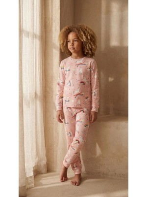 Kız Çocuk Unicorn Desenli Pijama Takımı Pembe