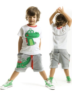 Denokids Timsah Temalı Erkek Çocuk T-shirt ve Şort Takım 7 Yaş Beyaz-Gri-Yeşil Renk Seçeneği