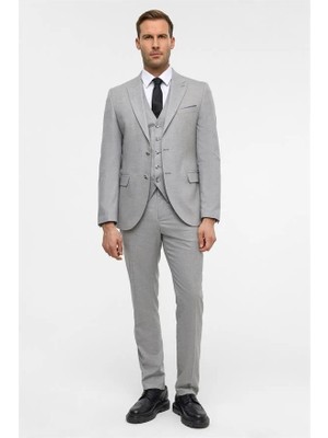 Süvari Gri Slim Sivri Yaka 6 Drop Yelekli Takım Elbise