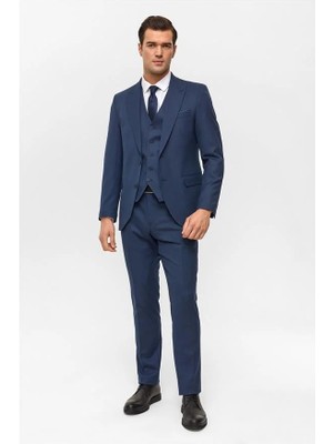 Süvari Lacivert Slim Sivri Yaka 6 Drop Yelekli Takım Elbise