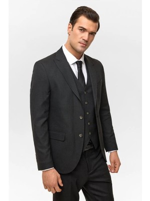 Süvari Siyah Slim Sivri Yaka 6 Drop Yelekli Takım Elbise