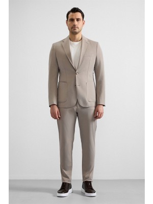 Süvari Sütlü Kahve Slim Mono Yaka Düz Torba Cep 6 Drop Takım Elbise