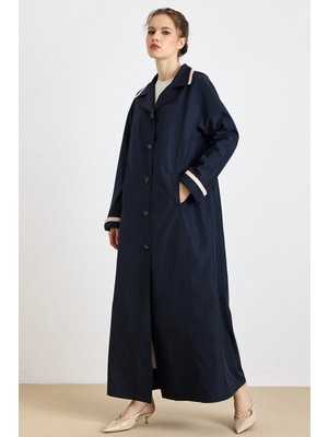 Olcay Garni Detaylı Yarasa Kol Büyük Beden Astarlı Bondıng Pardesü Lacivert 4311