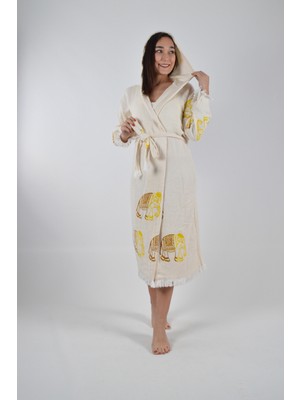 Caspara Kadın Elephant Desen Pamuklu Peştemal Kapüşonlu Müslin Bornoz  Kimono  Hafif  Plaj & Banyo Bornozu