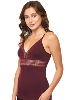 Belinay Kadın Dantel Detaylı Ip Askılı Pamuklu Mürdüm Atlet