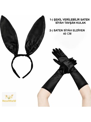NW NessiWorld Siyah Parlak Tavşan Kulak ve 40 cm Parlak Siyah Eldiven Kostüm Seti