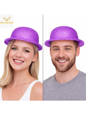 NW NessiWorld Mor Simli Melon Şapka | Ince Plastik Glitter Yetişkin Parti Şapkası