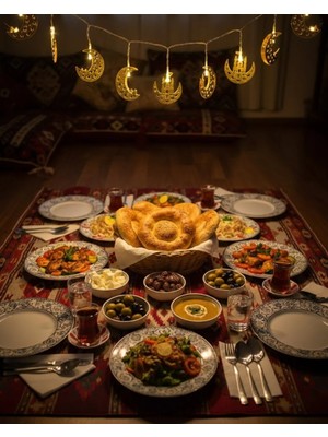 İsmiyle Al Ramazan Minare Detaylı Hilal LED Işık Günışığı Sarı Metal Süs