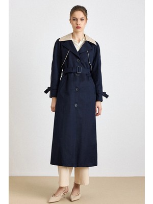 Olcay Çıkabilir Garni Yakalı Pelerin Detaylı Su İtici Özellikli Uzun Trençkot LACİVERT 6825