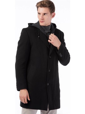 Dewberry Erkek Palto Uzun Kol Siyah Yün Polyester Düz Desenli XL Beden