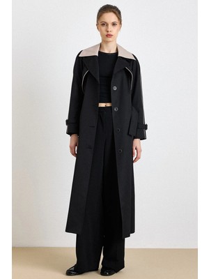 Olcay Çıkabilir Garni Yakalı Pelerin Detaylı Su İtici Özellikli Uzun Trençkot SİYAH 6825