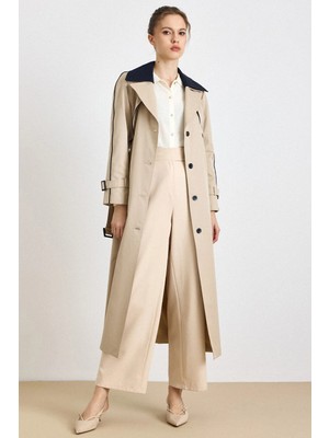 Olcay Çıkabilir Garni Yakalı Pelerin Detaylı Su İtici Özellikli Uzun Trençkot BEJ 6825