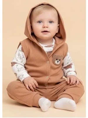 Efemkids 6/24 Ay 3 Lü Erkek Bebek Takımı Pamuklu Ayı Nakışlı Yenidoğan Bebek Takımı