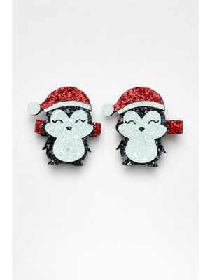 Magu Kız Çocuk Pamuklu Kırmızı Yılbaşı Penguen Figürlü Simli Çıtçıt Toka Seti - 2'li