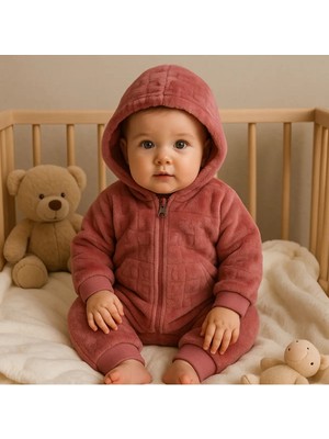 GMG Collection Baby Kız Bebek Ekoselu Yumuşacık Tavşan Desenli Peluş Tulum Patikli-Patiksiz / Toz Pembe - Vişne Çürüğü