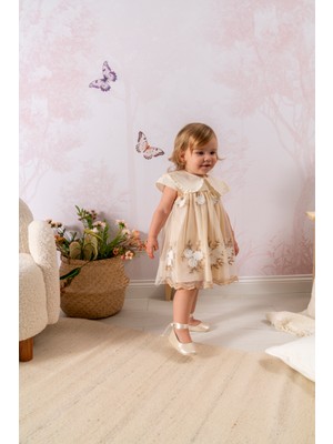 NoyNoy Baby Kız Bebek Ekru Çiçek Nakışlı Tül Elbise ve Bandana Takımı - Mevlüt ve Doğum Günü Elbisesi