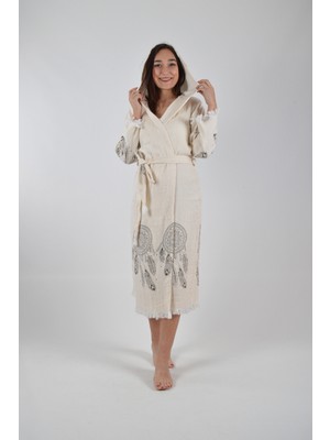 Caspara Kadın Siyah Tüy Desen Pamuklu Peştemal Kapüşonlu Müslin Bornoz  Kimono  Hafif  Plaj & Banyo Bornozu