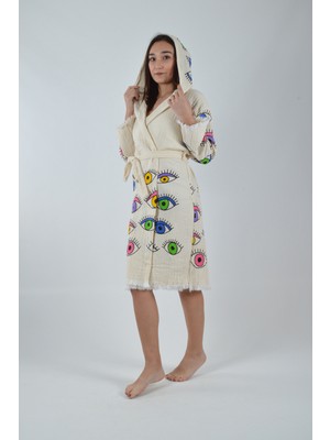 Caspara Kadın Renkli Göz Desen Pamuklu Peştemal Kapüşonlu Müslin Bornoz  Kimono  Hafif  Plaj & Banyo Bornozu