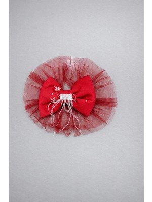 Magu Kız Çocuk Kırmızı Tül Fırfırlı Fiyonk Toka - Yılbaşı Kar Tanesi Desenli