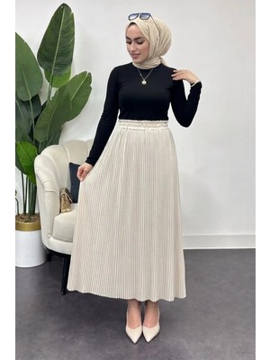 Tesettür Diyarı Kadın Krep Kumaş Pileli Etek-Krem