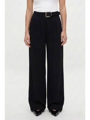 Ritnice Kadın Tonny Kemerli Yüksek Bel Geniş Paça Dokuma Palazzo Siyah Pantolon