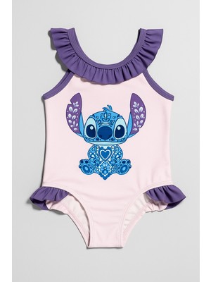 Magu Kız Çocuk Pembe Stitch Baskılı Fırfırlı Tek Parça Mayo