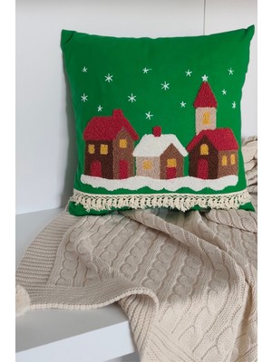 Sevim Kış Evleri Temalı Nakışlı Dekoratif Kırlent Kılıfı -Punch Işlemeli Oyun Köşesi Dekor YASTIK-43X43 cm