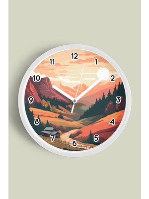 JHAAR Sonbahar Dağ Vadisi Modern Duvar Saati - Büyük L 35 cm - Beyaz Kasa - Camlı Sessiz