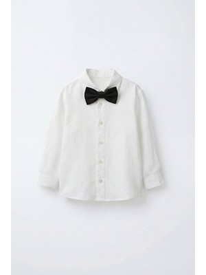 Magu Erkek Çocuk Pamuklu Beyaz Keten Gömlek – Papyon Dahil, Kolları Ayarlanabilir