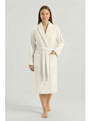 Sevim %100 Pamuk Premium Bornoz – Şal Yaka, Yoğun ve Dolgun Doku - Unisex - Ekru