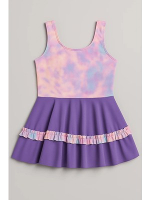 Magu Kız Çocuk Mor Etekli Pembe Mavi Bulut Desenli Mayo Elbise