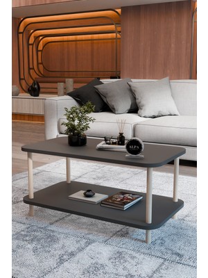 Alpa Ev Mobilya Dikdörtgen Orta Sehpa 90 cm 2 Raflı Salon Sehpası Ahşap Ayaklı Dekoratif Sehpa
