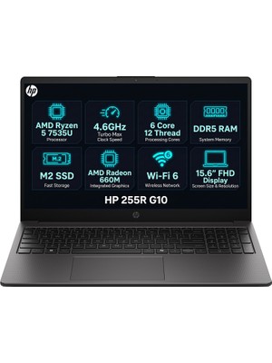 Hp 255R G10 Amd Ryzen 5 7535U 32GB 1tb SSD 15.6" Fhd Freedos Laptop, Notebook D0PK1AT 004