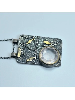 Doğaltaş Pembe Kuvars Taşı Gümüş Kolye (Özel Seri)