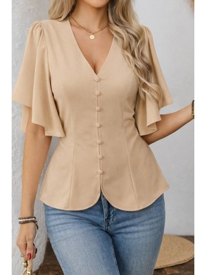 Flamex Kadın Kısa Kollu Önden Düğmeli Ithal Krep Bluz