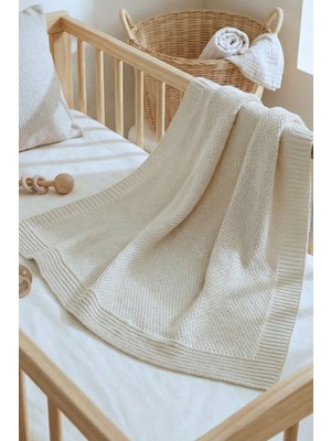 Sevim Triko Örgü Bebek Battaniyesi 80X100 cm - Yumuşak, Hafif, Örme Battaniye - Krem