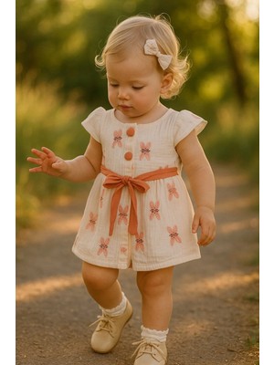 GMG Collection Baby Düğmeli ve Çift Yön Kemerli Müslin Kumaş, Elbise Cicili Bicili Beyaz