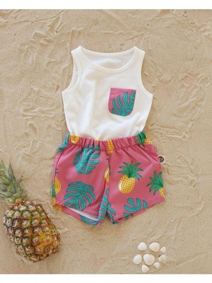 Magu Çocuk Ananas Desenli Regular Fit Kolsuz Atlet Yüzme Şort Takım