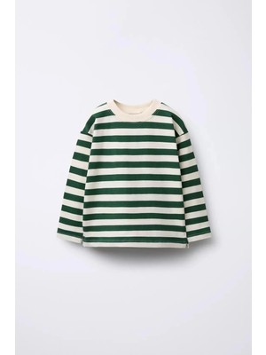 Magu Unisex Çocuk Pamuklu Yeşil Çizgili Uzun Kollu Sweatshirt - Rahat Kalıp