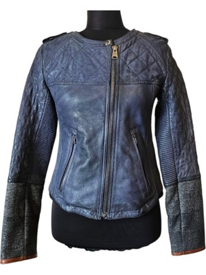 Asus Deri-Hakiki Deri Lacivert Kapitone Kadın Ceket