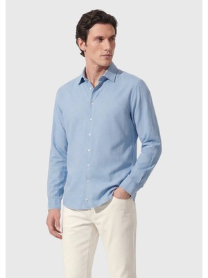 Ramsey Mavi Düz Casual Fit Dokuma Casual %100 Pamuk Gömlek