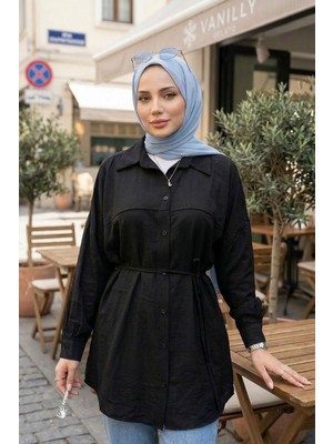 Miostil Kadın Siyah Bağcıklı Gömlek Yaka Tunik Tesettür Boydan Düğmeli Oversize Günlük Şık Tunik Siyah
