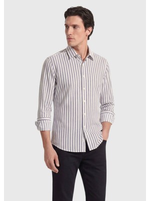 Ramsey Siyah Çizgili Regular Fit Dokuma Casual Ipek Karışımlı Gömlek