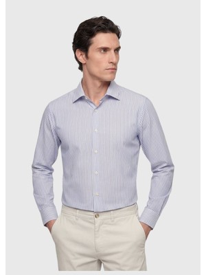 Ramsey Açık Mavi Çizgili Regular Fit Dokuma Klasik Ipek Karışımlı Gömlek