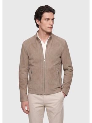 Ramsey Bej Regular Fit Dik Yaka Casual Süet Deri Mont