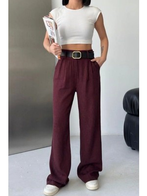 Thiff Kadın Yüksek Bel Kemer Detaylı Pileli Pamuk Keten Palazzo Pantolon