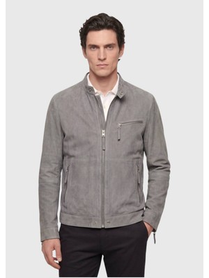 Ramsey Koyu Gri Regular Fit Dik Yaka Casual Süet Deri Mont