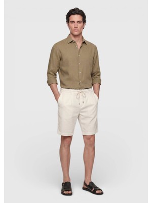 Ramsey Ekru Düz Dokuma Jogging Fit Casual Keten Karışımlı Bermuda