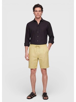 Ramsey Yağ Yeşili Düz Dokuma Jogging Fit Casual Keten Karışımlı Bermuda